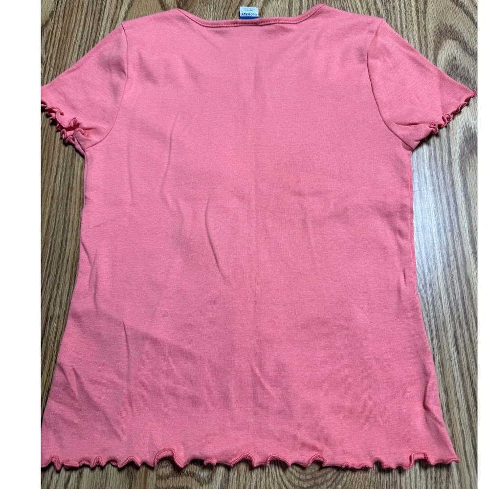 Old Navy Girls M 8 Coral Lettuce Trim Ribbed Short Sleeve Notched Neck Tee NWT
